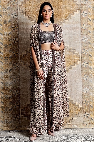 Beige Floral Printed Cape Set by Ridhima Bhasin