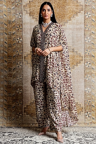 Beige Printed High-Low Kaftan Set by Ridhima Bhasin