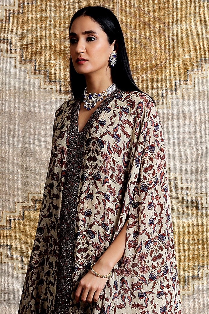 Beige Printed High-Low Kaftan Set by Ridhima Bhasin at Pernia's Pop Up Shop