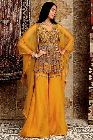 Mustard Tulle Sharara Set by ridhima bhasin
