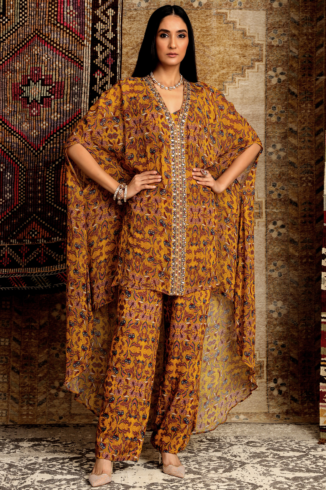 Mustard Printed High-Low Kaftan Set by Ridhima Bhasin at Pernia's Pop Up Shop