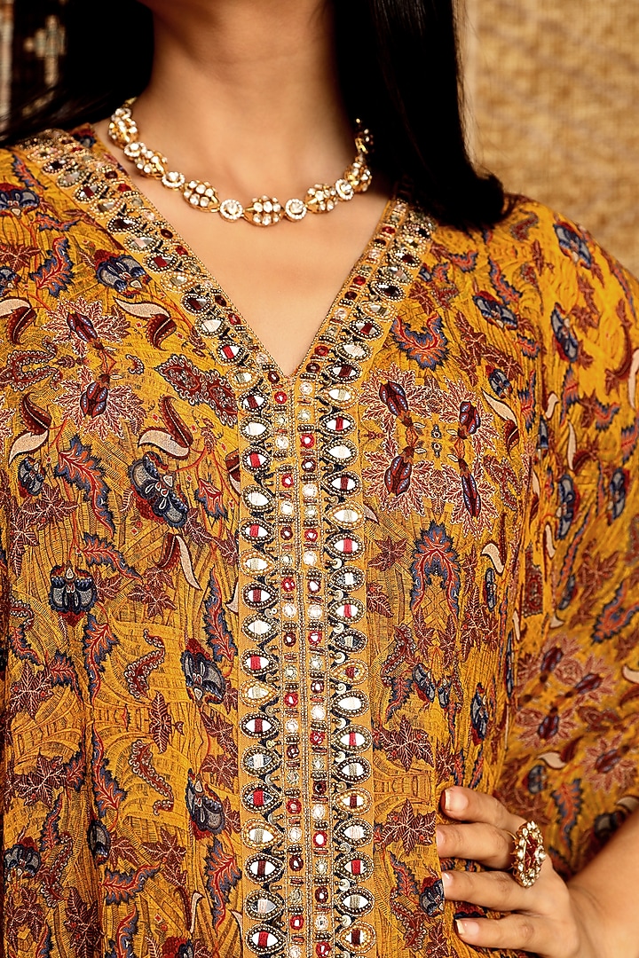 Mustard Printed High-Low Kaftan Set by Ridhima Bhasin at Pernia's Pop Up Shop