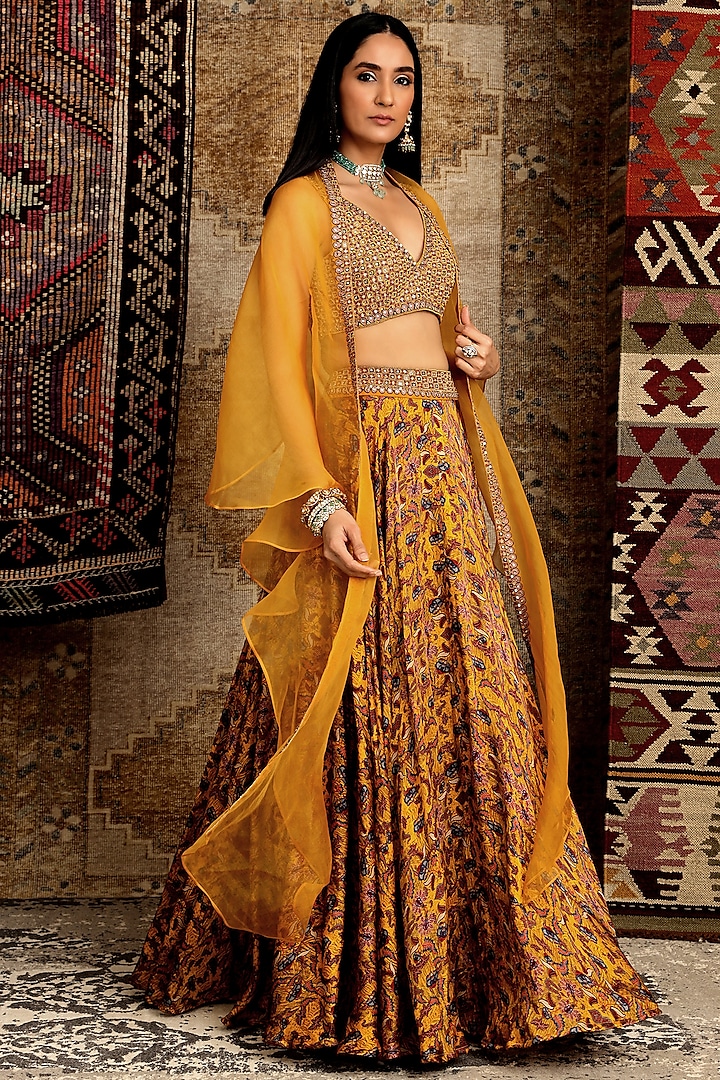 Mustard Printed Wedding Lehenga Set by Ridhima Bhasin at Pernia's Pop Up Shop