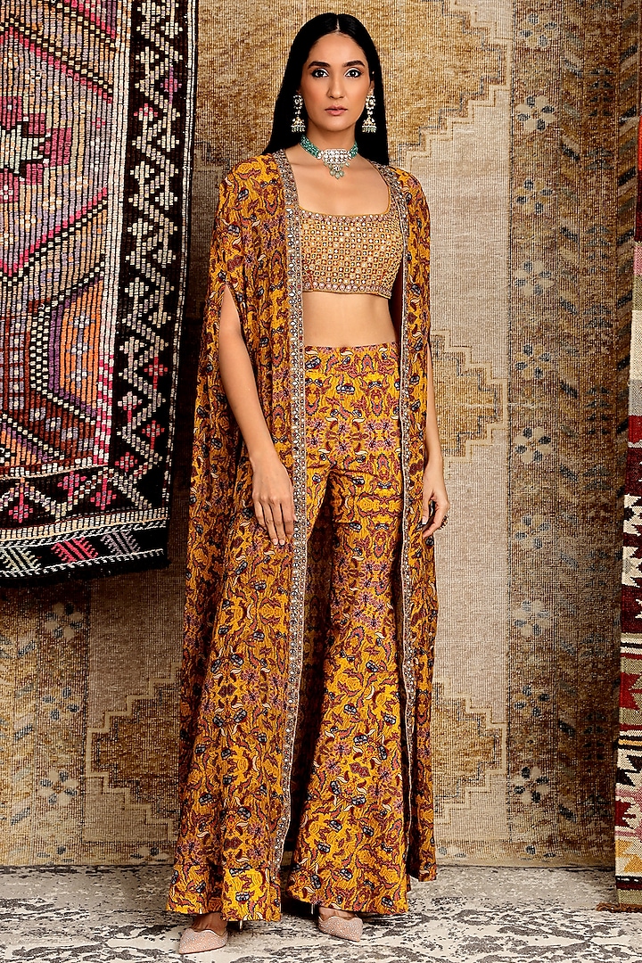 Mustard Floral Printed Cape Set by Ridhima Bhasin