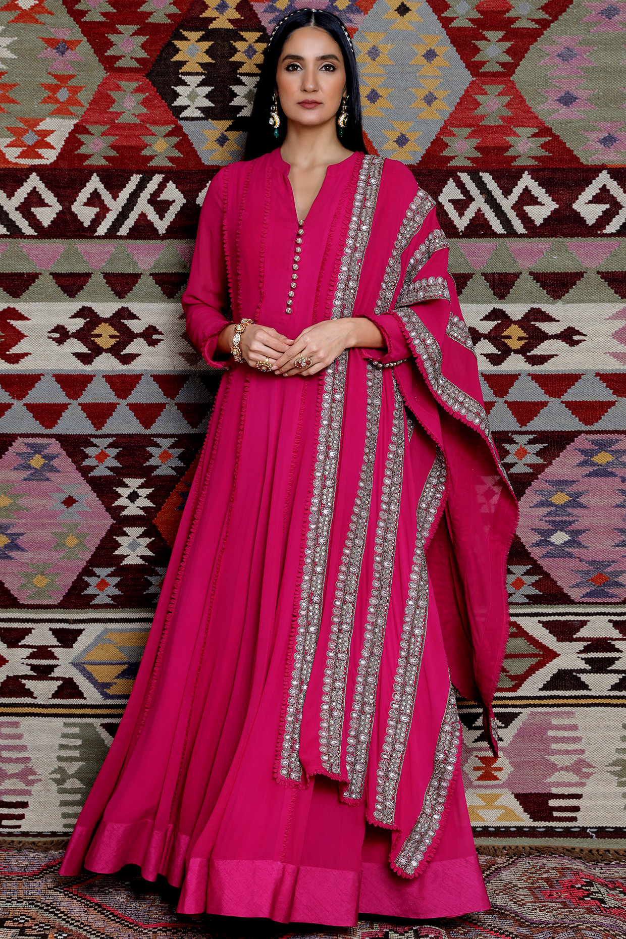 Fuchsia Hand Embroidered Anarkali Set by Ridhima Bhasin