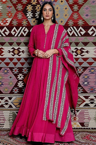 Fuchsia Hand Embroidered Anarkali Set by Ridhima Bhasin