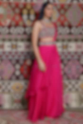 Fuchsia Organza Pre-Draped Sharara Saree Set by Ridhima Bhasin at Pernia's Pop Up Shop