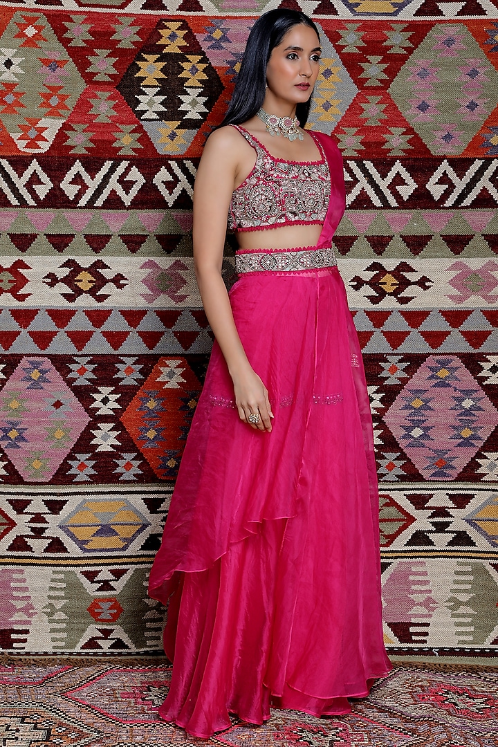 Fuchsia Organza Pre-Draped Sharara Saree Set by Ridhima Bhasin at Pernia's Pop Up Shop