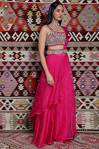Fuchsia Organza Pre-Draped Sharara Saree Set by Ridhima Bhasin