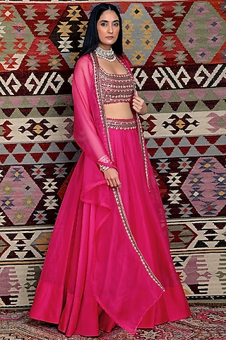Fuchsia Organza Lehenga Set by Ridhima Bhasin