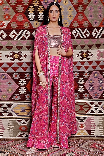 Fuchsia Georgette Printed Cape Set by Ridhima Bhasin at Pernia's Pop Up Shop
