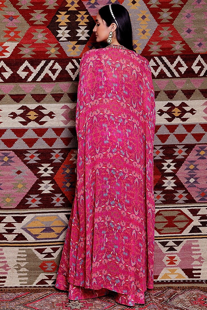 Fuchsia Georgette Printed Cape Set by Ridhima Bhasin at Pernia's Pop Up Shop