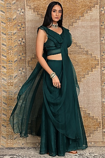 Green Organza Pre-Draped Sharara Wedding Saree Set by Ridhima Bhasin at Pernia's Pop Up Shop