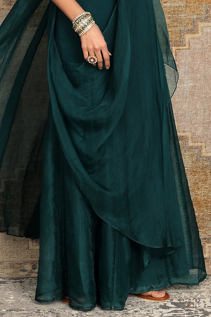 Green Organza Pre-Draped Sharara Wedding Saree Set by Ridhima Bhasin at Pernia's Pop Up Shop