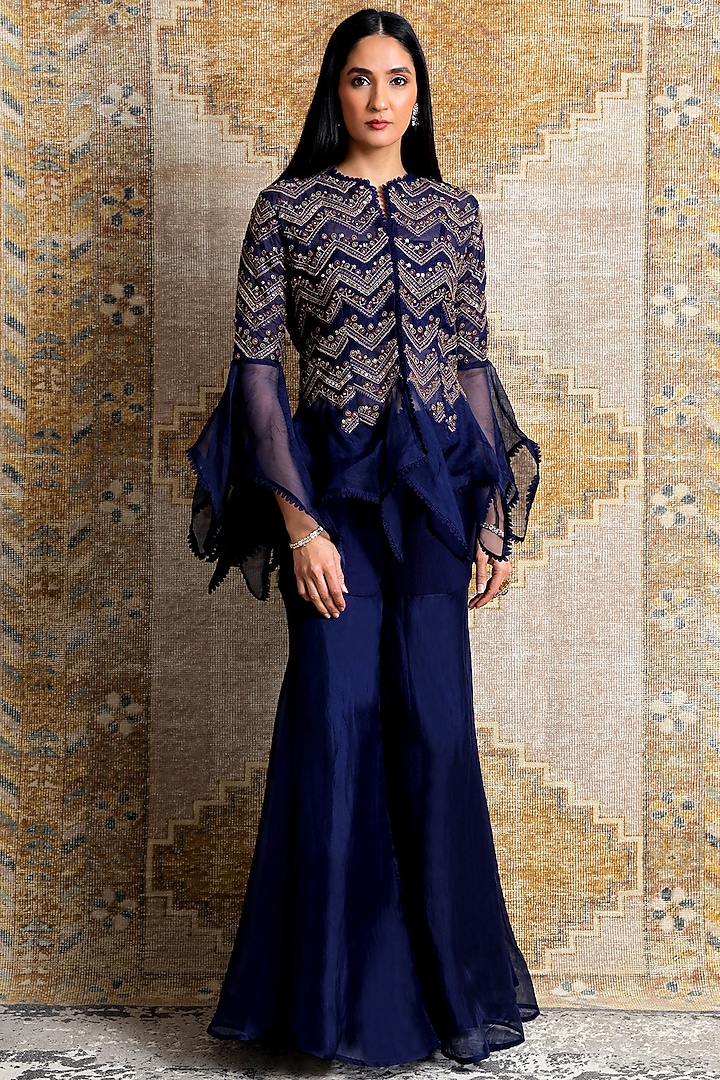Navy Blue Organza Wedding Sharara Set by Ridhima Bhasin at Pernia's Pop Up Shop