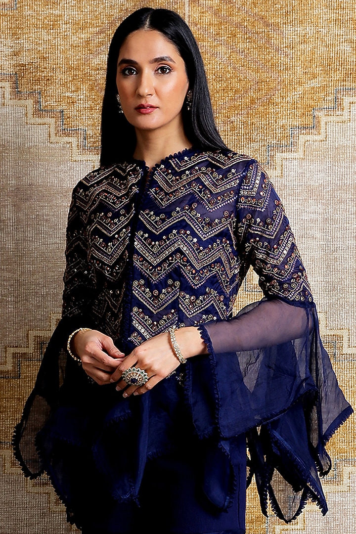 Navy Blue Organza Wedding Sharara Set by Ridhima Bhasin at Pernia's Pop Up Shop