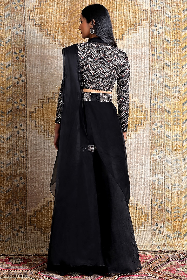 Midnight Black Organza Hand Embroidered Sharara Reception Saree Set by Ridhima Bhasin at Pernia's Pop Up Shop