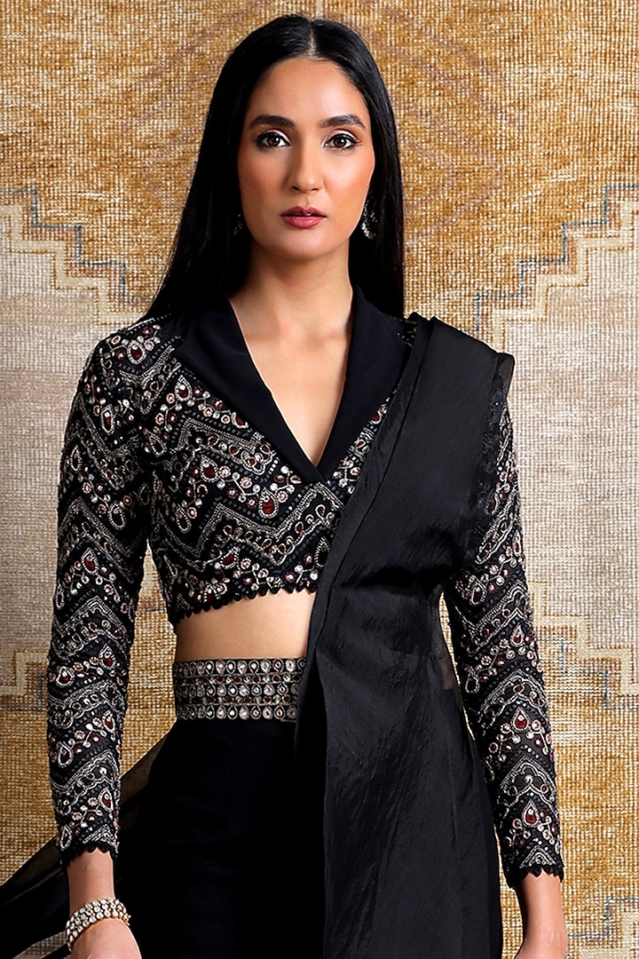 Midnight Black Organza Hand Embroidered Sharara Reception Saree Set by Ridhima Bhasin at Pernia's Pop Up Shop