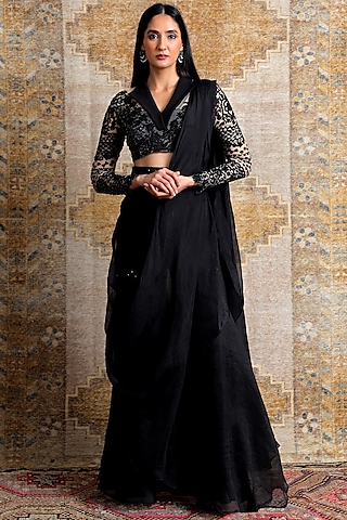 Midnight Black Organza Sharara Saree Set by Ridhima Bhasin
