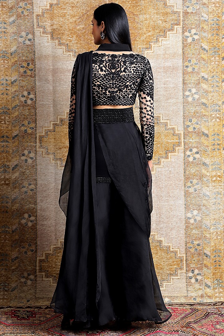 Midnight Black Organza Sharara Wedding Saree Set by Ridhima Bhasin at Pernia's Pop Up Shop