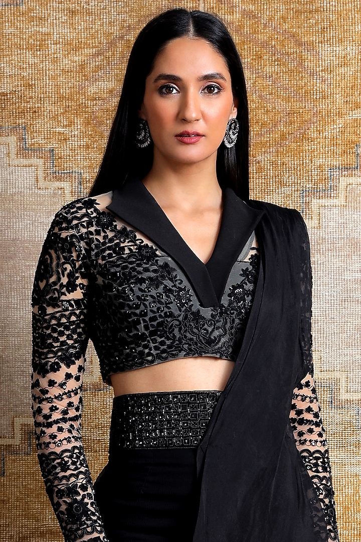 Midnight Black Organza Sharara Wedding Saree Set by Ridhima Bhasin at Pernia's Pop Up Shop