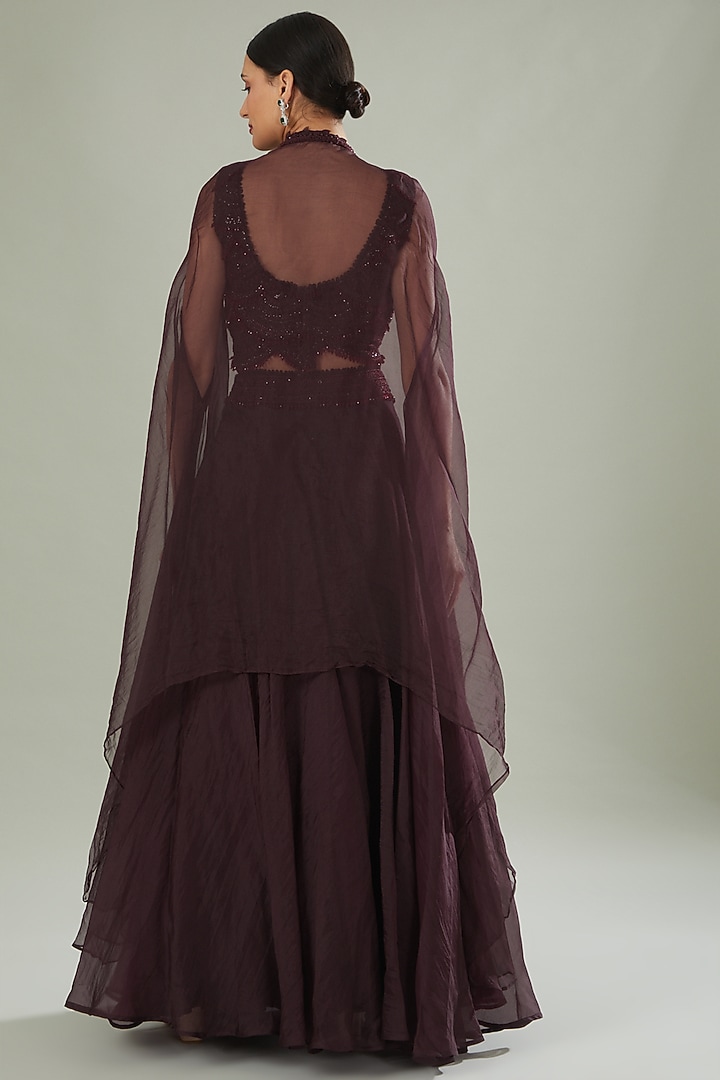 Maroon Organza & Georgette Embellished Jacket Wedding Lehenga Set by Ridhima Bhasin at Pernia's Pop Up Shop