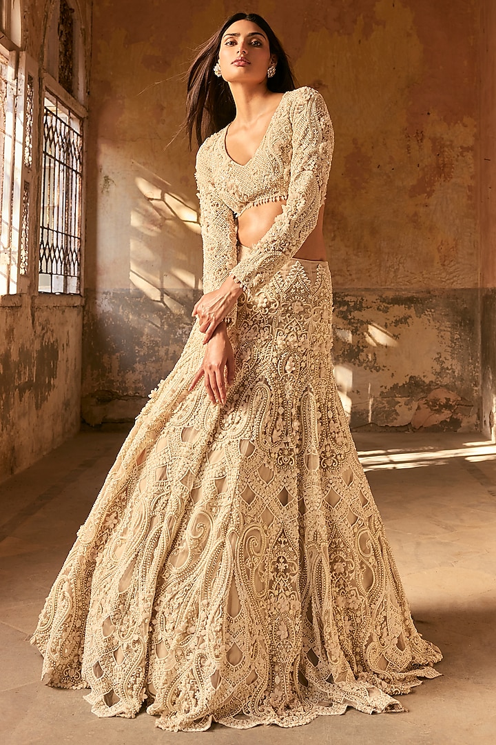 Ivory Net Embellished Bridal Lehenga Set by Ridhima Bhasin at Pernia's Pop Up Shop