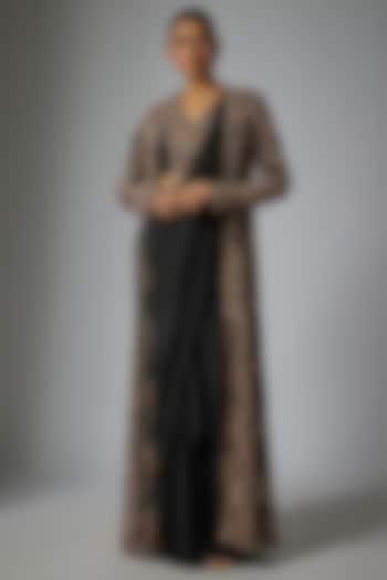 Black Organza & Flat Chiffon Skirt Bridal Saree Set by Ridhima Bhasin at Pernia's Pop Up Shop