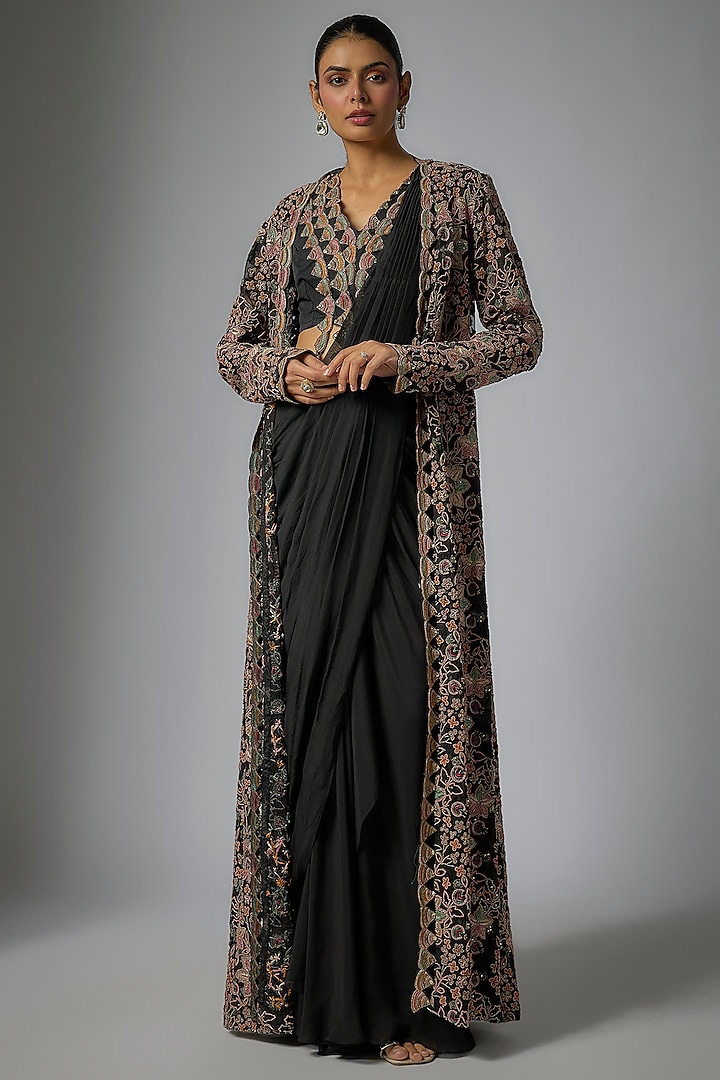 Black Organza & Flat Chiffon Skirt Bridal Saree Set by Ridhima Bhasin at Pernia's Pop Up Shop