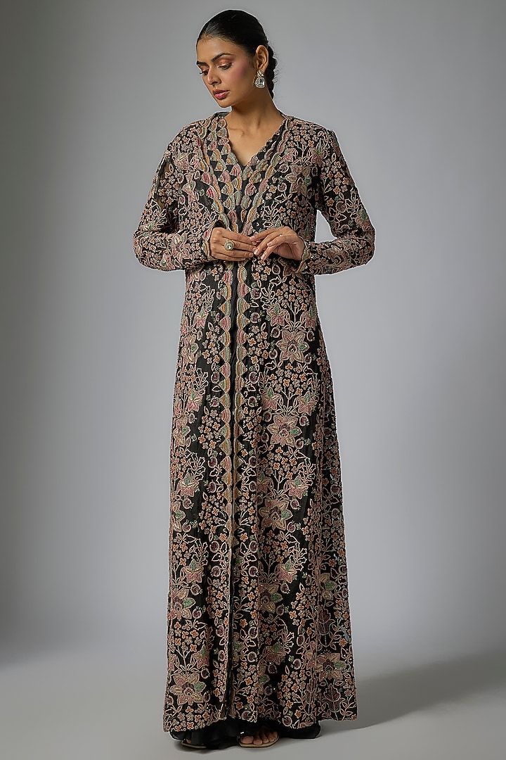 Black Organza & Flat Chiffon Skirt Bridal Saree Set by Ridhima Bhasin at Pernia's Pop Up Shop