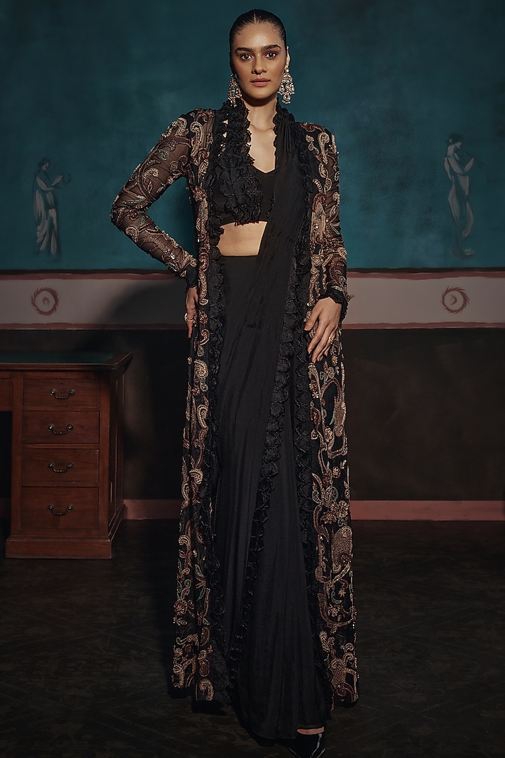 Black Chiffon Pre-Draped Jacket Saree Set by Ridhima Bhasin at Pernia's Pop Up Shop