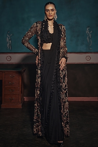 Black Chiffon Pre-Draped Jacket Saree Set by Ridhima Bhasin