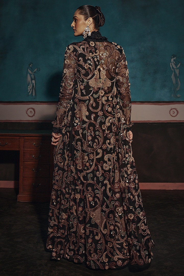 Black Chiffon Pre-Draped Jacket Bridal Saree Set by Ridhima Bhasin at Pernia's Pop Up Shop