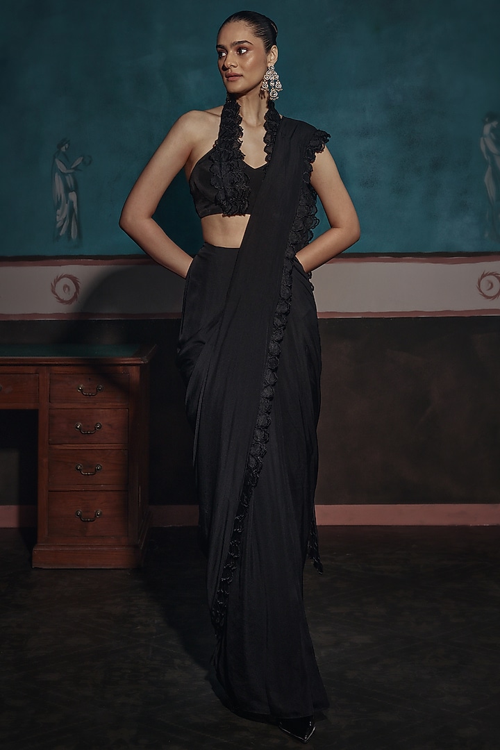 Black Chiffon Pre-Draped Jacket Bridal Saree Set by Ridhima Bhasin at Pernia's Pop Up Shop