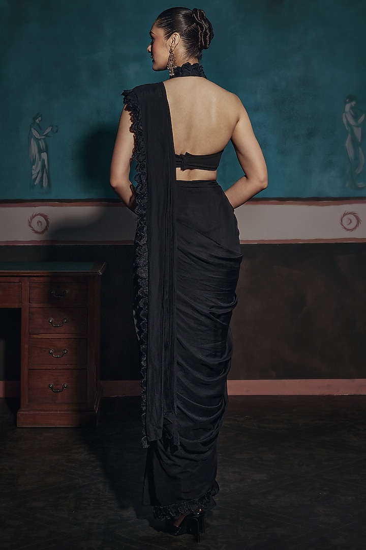 Black Chiffon Pre-Draped Jacket Bridal Saree Set by Ridhima Bhasin at Pernia's Pop Up Shop
