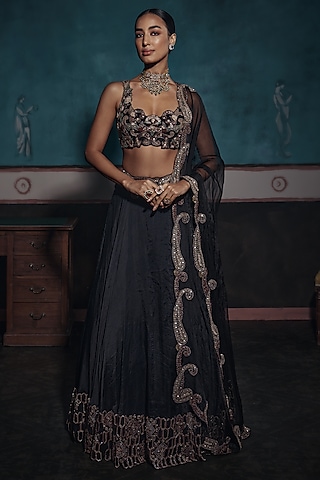 Black Organza Embroidered Lehenga Set by Ridhima Bhasin
