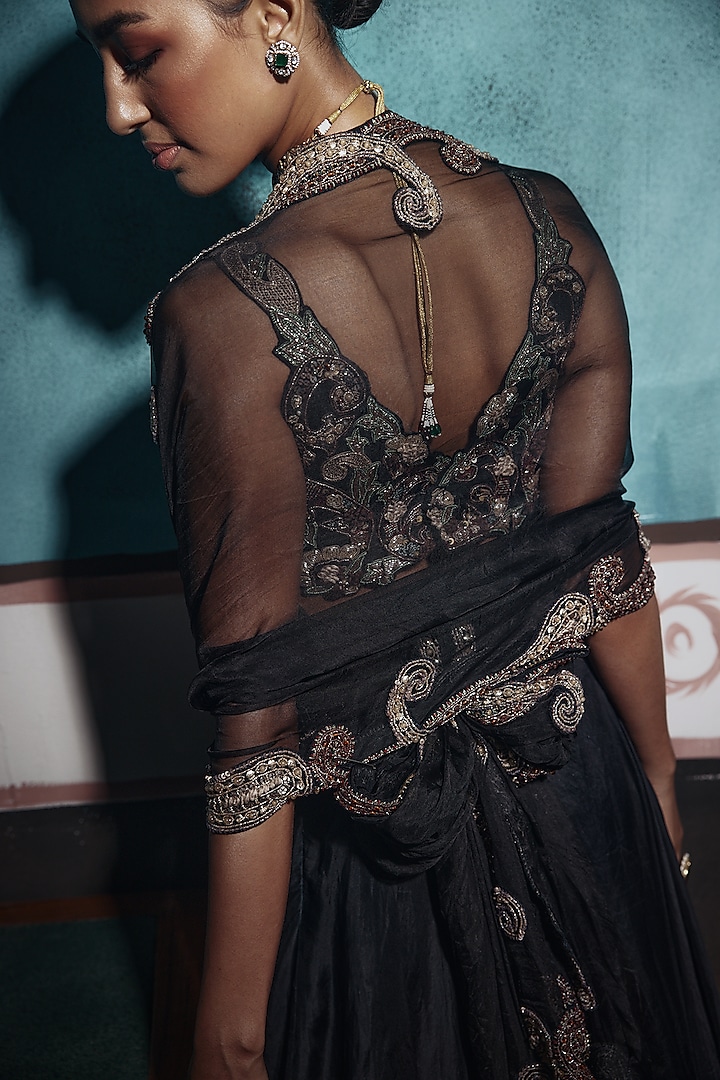 Black Organza Embroidered Bridal Lehenga Set by Ridhima Bhasin at Pernia's Pop Up Shop