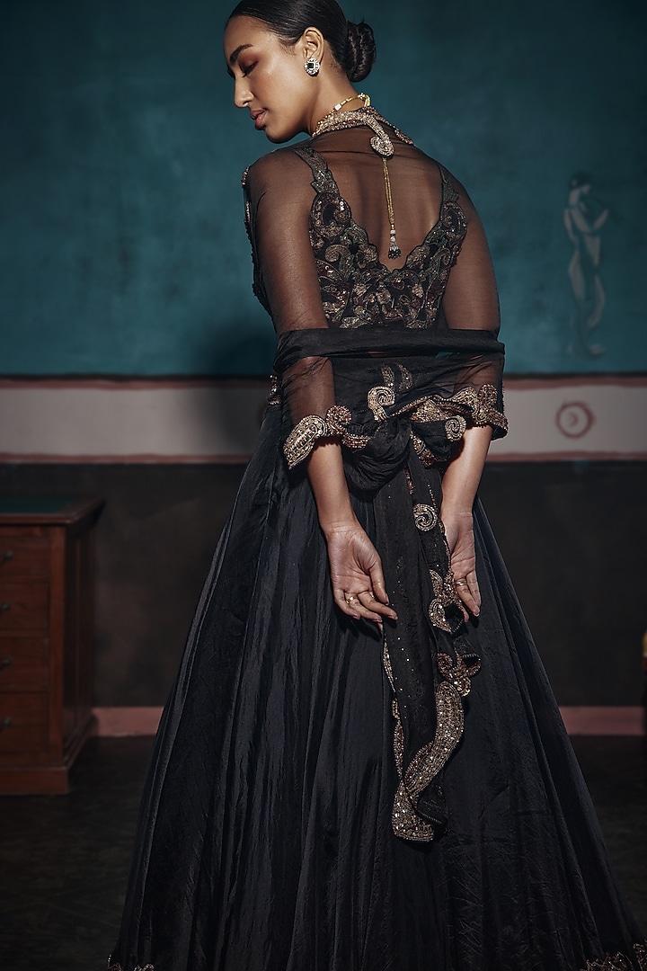 Black Organza Embroidered Bridal Lehenga Set by Ridhima Bhasin at Pernia's Pop Up Shop