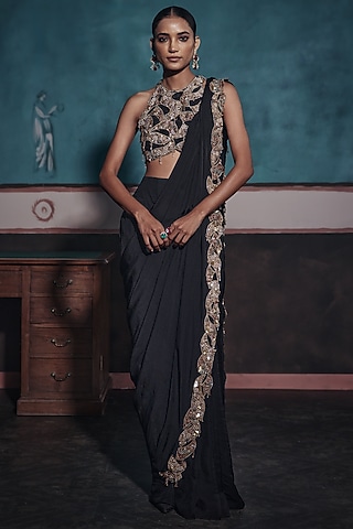 Black Chiffon & Tissue Embellished Draped Saree Set by Ridhima Bhasin