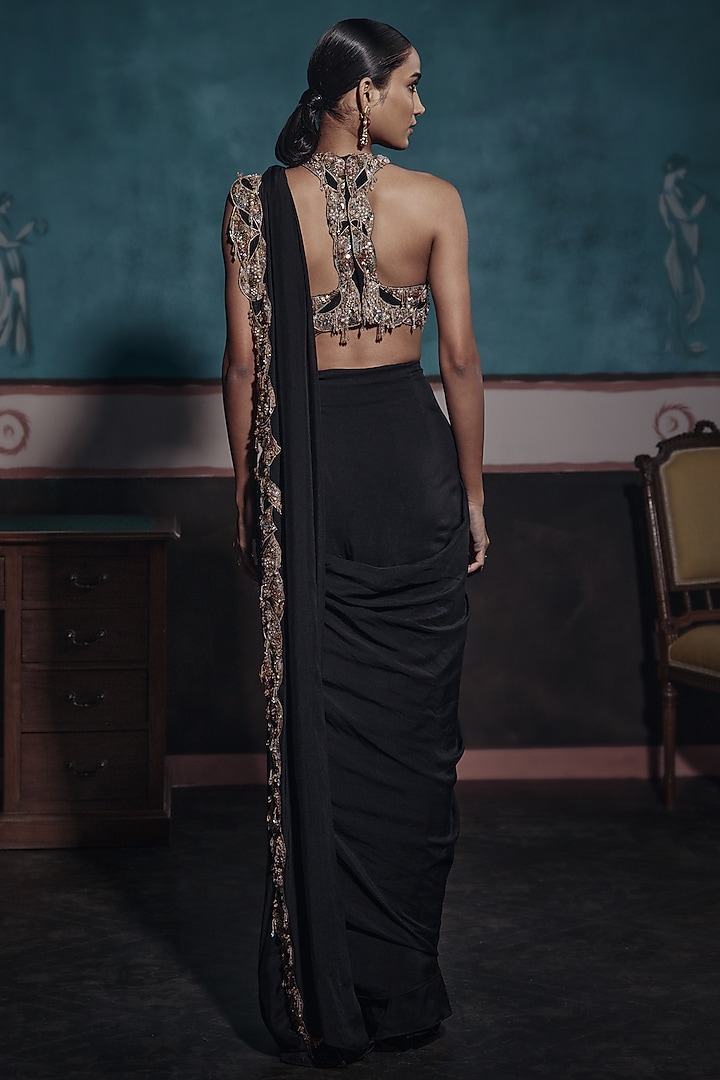 Black Chiffon & Tissue Embellished Draped Reception Saree Set by Ridhima Bhasin at Pernia's Pop Up Shop