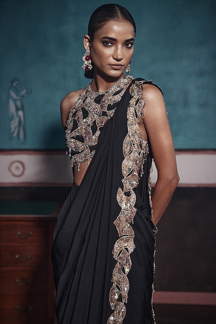 Black Chiffon & Tissue Embellished Draped Reception Saree Set by Ridhima Bhasin at Pernia's Pop Up Shop