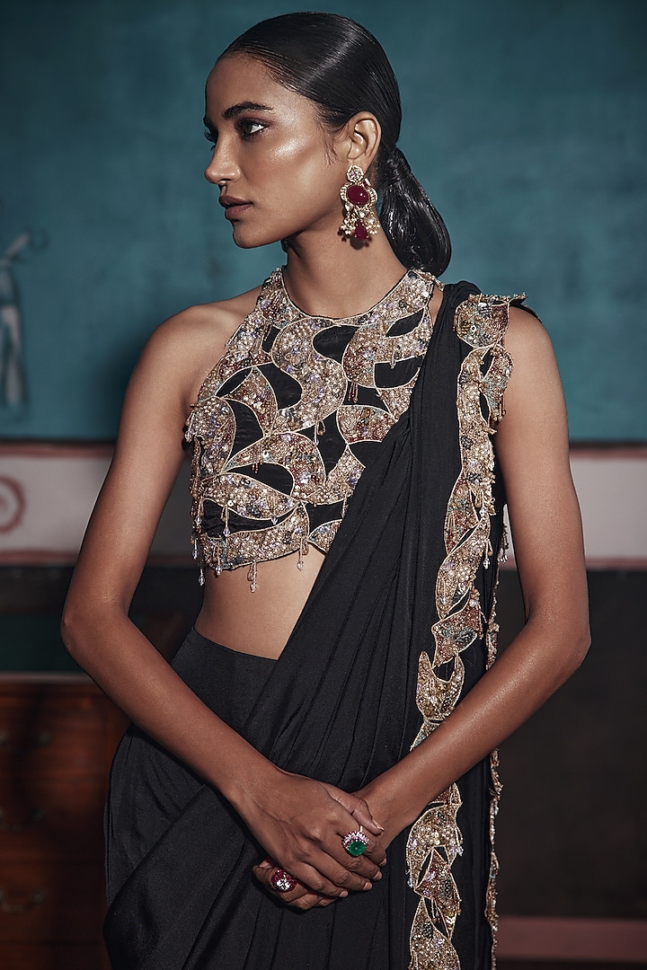 Black Chiffon & Tissue Embellished Draped Reception Saree Set by Ridhima Bhasin at Pernia's Pop Up Shop