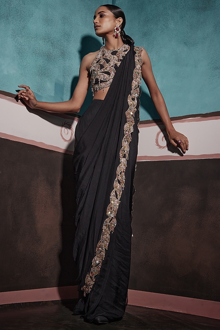 Black Chiffon & Tissue Embellished Draped Reception Saree Set by Ridhima Bhasin at Pernia's Pop Up Shop