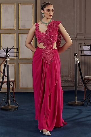 Fuchsia Organza & Crepe Embroidered Draped Skirt Set by Ridhima Bhasin