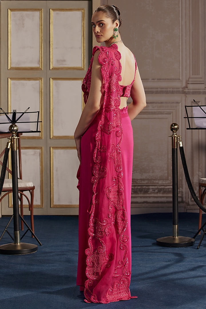 Fuchsia Organza & Crepe Embroidered Draped Skirt Set by Ridhima Bhasin at Pernia's Pop Up Shop