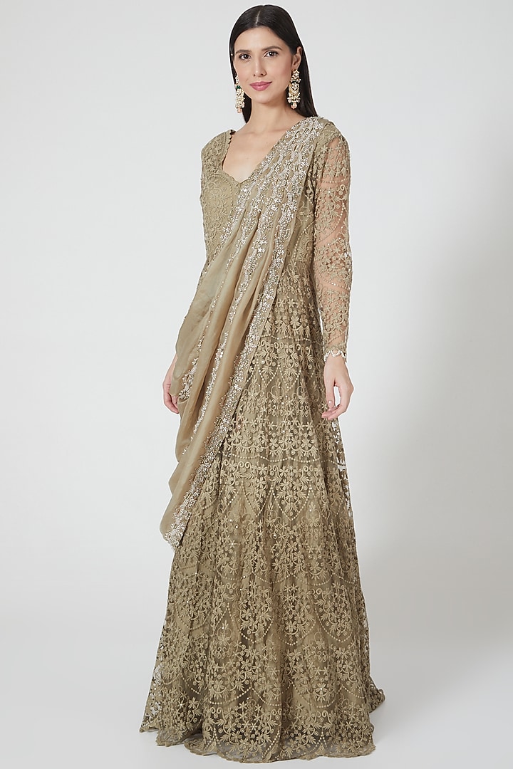 Sage Green Embroidered Bridal Anarkali Set by Ridhima Bhasin at Pernia's Pop Up Shop