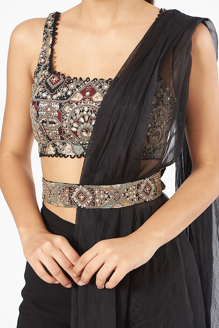 Black Organza Draped Pant Wedding Saree Set by Ridhima Bhasin at Pernia's Pop Up Shop