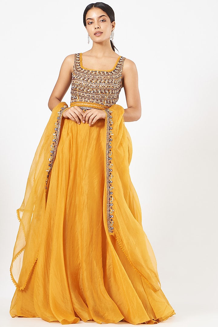 Mustard Embroidered Wedding Lehenga Set by Ridhima Bhasin at Pernia's Pop Up Shop