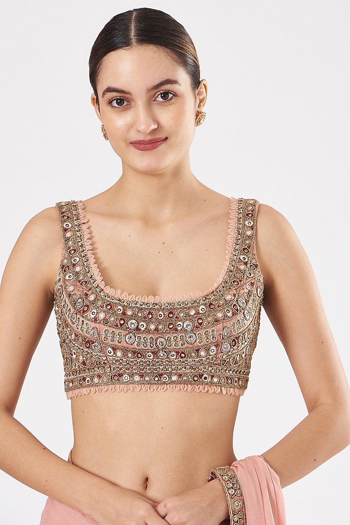 Blush Pink Embroidered Pre-Draped Wedding Saree Set by Ridhima Bhasin at Pernia's Pop Up Shop