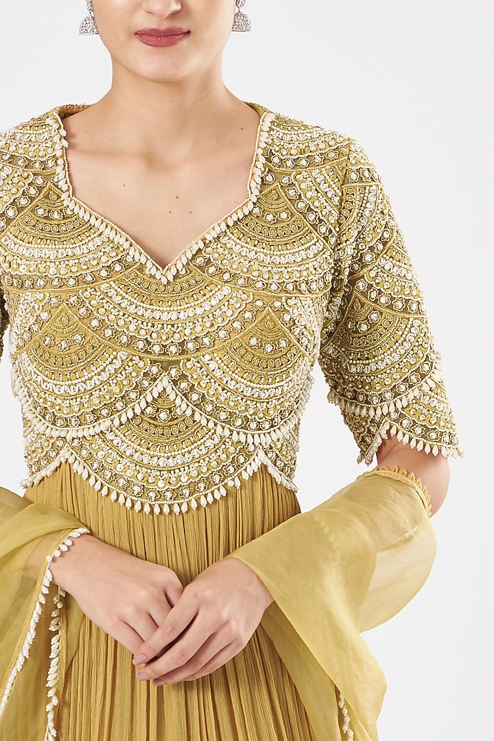 Mustard Embroidered Wedding Anarkali Set by Ridhima Bhasin at Pernia's Pop Up Shop